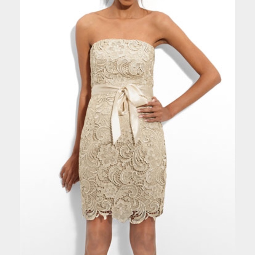 NWT Champagne / light gold Adrianna Papell lace dress with satin sash